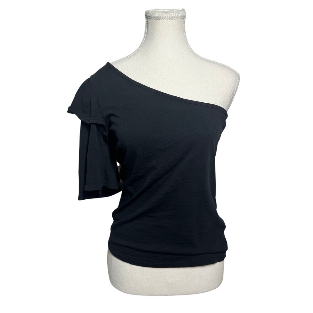Nation LTD Black One Shoulder Flutter Sleeve‎ Cotton Knit Top XS Quite Luxury